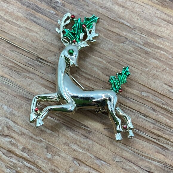 Vintage Jewelry - Gerry's Vintage Christmas Reindeer Gold Tone Enamel Brooch